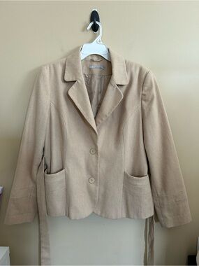 Wool-Blend Beige Women's Blazer Tie Belt Jacket